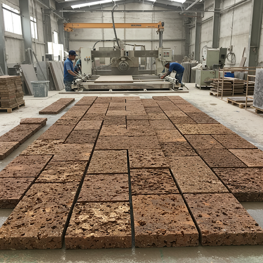 Laterite cladding tiles used on an exterior wall